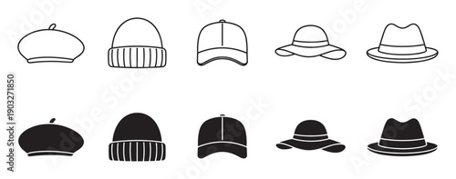 Set of black hat vector icons featuring a beret, beanie, baseball cap, sun hat, and fedora, displayed in both a simple contour line style and a solid silhouette form