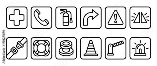 Set of black line art safety icons for emergency and traffic situations, featuring a fire extinguisher, first aid cross, seat belt, lifebuoy, and warning sign in a clean graphic style