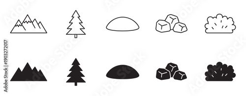 Set of black nature landscape icons featuring mountains, trees, hills, rocks, and bushes in both outline and solid silhouette styles for graphic design elements