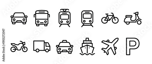 Set of black line transportation icons featuring various vehicles like a car, bus, train, bicycle, ship, and airplane for public and private travel in a minimalist outline style