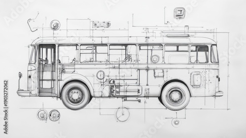 A detailed technical drawing of a vintage bus with labeled components and measurements.