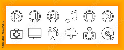 Media control set icon. Play, pause, stop, rewind, fast forward, music note, camera, screen, cloud download, photo, disc, video, sound