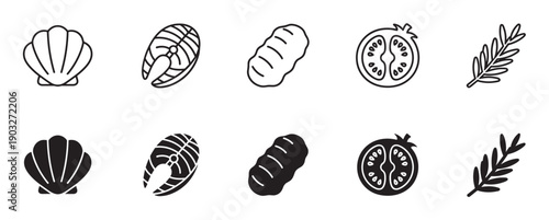 Black and white food icon set featuring a scallop shell, salmon steak, bread loaf, sliced tomato, and herb sprig, presented in both thin line art and solid glyph styles