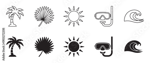 Collection of black summer vacation icons including a palm tree, sun, wave, and snorkel mask, presented in both outline and solid silhouette styles for graphic design