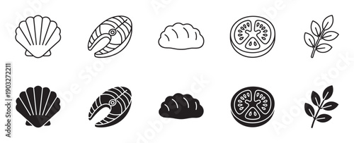 Food icon set with seafood and vegetables in two styles, line art and solid glyph, featuring a scallop shell, salmon steak, dumpling, tomato slice, and fresh herb sprig