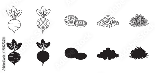 Beetroot vegetable icon set showing whole, sliced, diced, and grated root vegetable in minimalist black and white line art and solid silhouette styles for graphic design