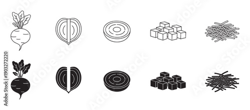 Beetroot icon set showing whole, sliced, diced, and shredded vegetable in both line art and solid glyph styles for culinary and food preparation concepts