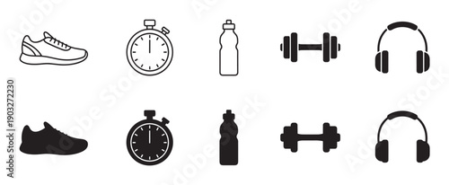 Set of black fitness icons for sport and exercise, including a sneaker, stopwatch, water bottle, dumbbell, and headphones, presented in both outline and solid silhouette styles