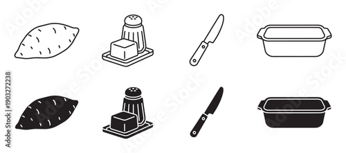 Minimalist food preparation icon collection featuring a sweet potato, salt, butter, knife, and baking dish presented as simple line art and solid black silhouettes