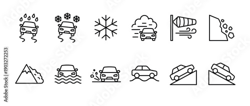 Set of black line icons depicting hazardous driving conditions and weather warnings for road safety, including slippery surfaces, snow, flood, landslide, fog, wind, and steep hills