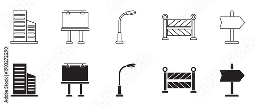 Set of black urban street icons featuring a building, billboard, lamppost, barrier, and signpost in both outline and solid glyph styles for graphic design elements