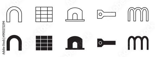 Collection of black geometric icons in two styles, outline and solid fill, featuring various abstract symbols like arches, grids, and connectors for user interface design