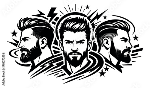 Stylized line art men's portraits set featuring three bearded men with modern hairstyles for barbershop branding