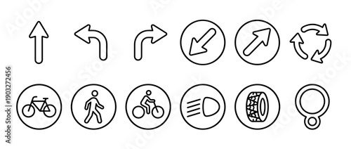 Set of black line art icons representing traffic, navigation, and transportation with symbols like arrows, bicycle, pedestrian, and car parts for UI design