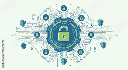 Digital security concept illustration featuring a central padlock surrounded by shields and circuit board elements, symbolizing protection and technology