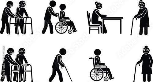 Elderly care and disability assistance silhouettes set showing seniors with walkers wheelchairs caregivers minimalist black pictogram icons for healthcare concepts