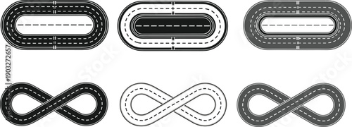 Abstract Road Track Shapes Illustration, Oval and Infinity Loop Paths, Highway Lane Markings, Transportation Route Design Elements, Black White Vector Set