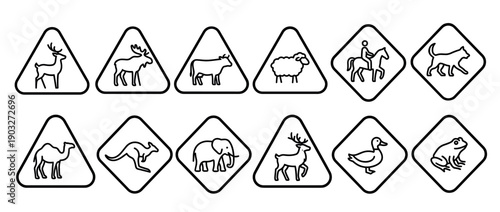 Collection of black line art animal warning road signs featuring various wildlife and domestic creatures like deer, moose, cow, and elephant in a minimalist icon set for traffic safety