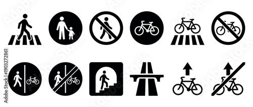 Collection of black and white traffic signs for pedestrians and cyclists in a minimalist vector style, including crosswalk, bicycle lane, and prohibition symbols for road safety