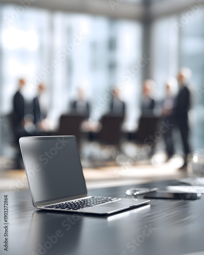 Business meeting setup with laptop office space professional environment focus