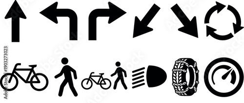 Collection of black traffic and transportation icons showing arrows, pedestrians, bicycles, and vehicle parts like a snow chain, headlight, and speedometer for graphic design
