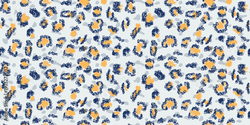 Seamless abstract leopard print vector pattern with textured navy and orange spots and soft gray accents on a light background. Modern animal texture for fashion, fabric and decor