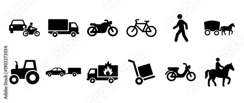 Collection of black transportation icons showing various vehicles and figures including a car, truck, motorcycle, bicycle, pedestrian, horse, tractor, and scooter in a simple graphic style