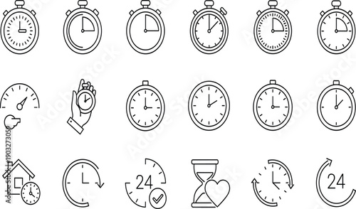Set of stopwatch and clock icons, time management symbols, countdown timer, hourglass, 24 hours service, speed measurement, vector illustration collection