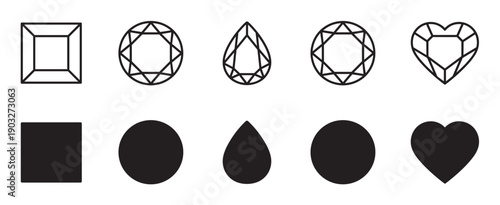 Set of black gemstone cut icons showing popular shapes like princess, round, pear, and heart, presented as both minimalist line art outlines and solid black silhouette versions