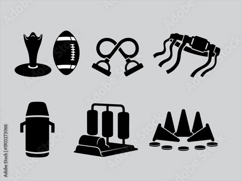 Vector silhouette of american football training equipment set on grey background