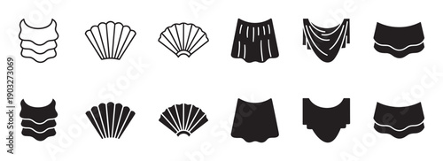 Set of black clothing and shell icons in line art and solid glyph styles for fashion or fantasy design, showing various tops, skirts, and seashell shapes in a minimalist vector graphic collection