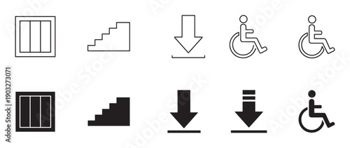Set of black vector icons showing a pallet, stairs, download arrow, and wheelchair accessibility symbol in both outline and solid filled styles for user interface design