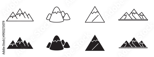 Set of black mountain range icons in various minimalist styles, including simple line art outlines and solid filled glyph silhouettes for adventure or nature logos