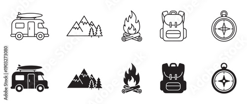 Black camping and travel icon set in two variations, outline and solid glyph, depicting a camper van, mountains, campfire, backpack, and compass for outdoor adventure themes