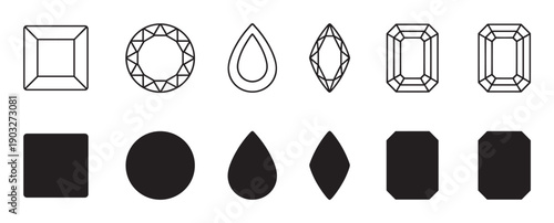Collection of various diamond cut icons and gemstone shapes presented in two styles, a detailed black outline and a solid black silhouette for jewelry design and infographics