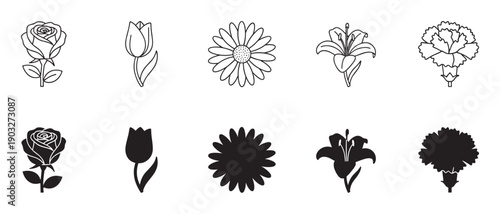 Collection of black flower icons in line art and silhouette styles, featuring rose, tulip, daisy, lily, and carnation designs for graphic elements and botanical symbols
