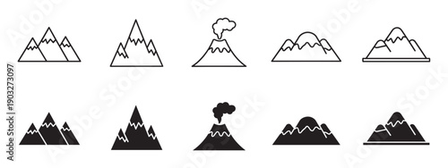 Collection of mountain and volcano icons presented in two styles, featuring simple line art outlines and solid black silhouette glyphs for a clean, minimalist design