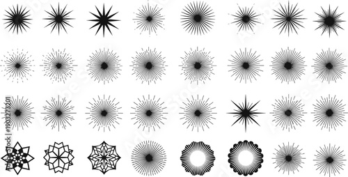 Abstract sunburst and starburst shapes set, radial rays and geometric burst elements, black and white vector collection for graphic design backgrounds