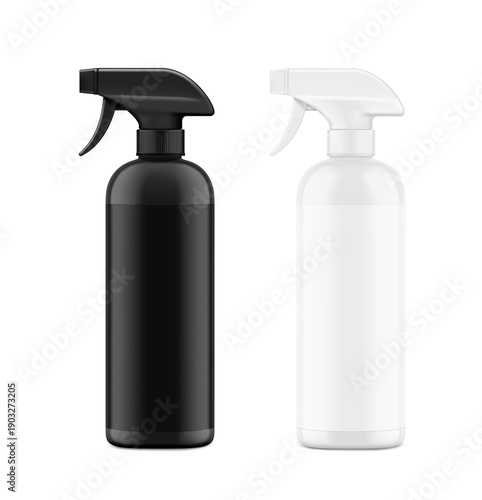 Black and white trigger sprayer bottles mockup. Vector illustration isolated on white background. Perfect for easy customisation and editing your design for household, cleaning, gardening and etc. EPS
