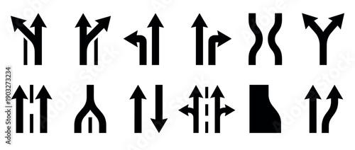 Collection of black road lane icons and symbols showing various traffic directions, merges, splits, and turns in a minimalist graphic style for navigation and signage concepts