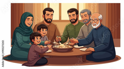 Family Gathering Around the Dining Table for a Meal in a Cozy Indoor Setting