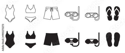 Black and white summer vacation icons showing a swimsuit, bikini, shorts, snorkel mask, and flip-flops presented as simple line art and solid filled silhouettes