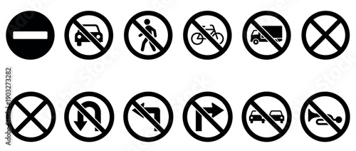 Comprehensive set of black traffic prohibition signs featuring various road regulation symbols like no entry, no parking, no turn, and no horn as flat vector icons