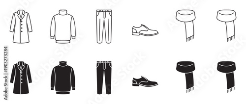 Men's winter fashion and apparel icons showing an overcoat, turtleneck sweater, trousers, formal shoe, and scarf in two distinct styles, line art and solid black glyph