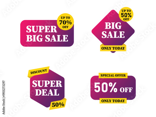 Creative super deal and big sale labels with colorful gradients and promotional yellow ribbons
