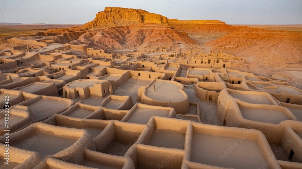 Obraz premium Ancient City Ruins in Desert Landscape Under Warm Sunlight.