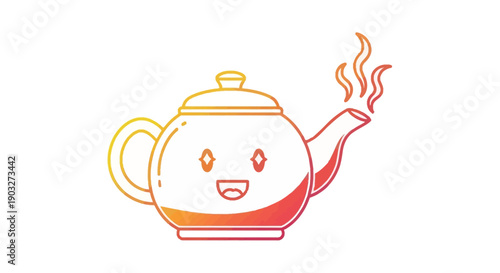 Adorable gradient teapot illustration with a joyful face and emanating steam, perfect for beverage