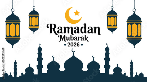 Celebrating Ramadan with lanterns and mosques silhouetted against a serene nighttime sky