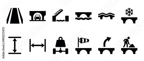 Set of black road traffic icons for bridges and tunnels showing various warnings and regulations like height, weight, and width limits, road work, and weather conditions