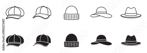 Set of ten black and white hat icons showing different headwear styles for men and women, including cap, beanie, and fedora in both minimalist outline and solid silhouette versions